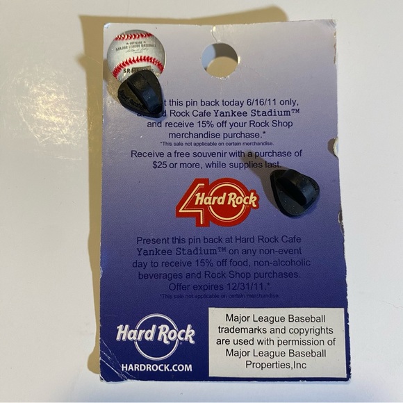 NY Yankee/Hard Rock Cafe 2011 pin on card, never worn, card has some creasing - Picture 2 of 3
